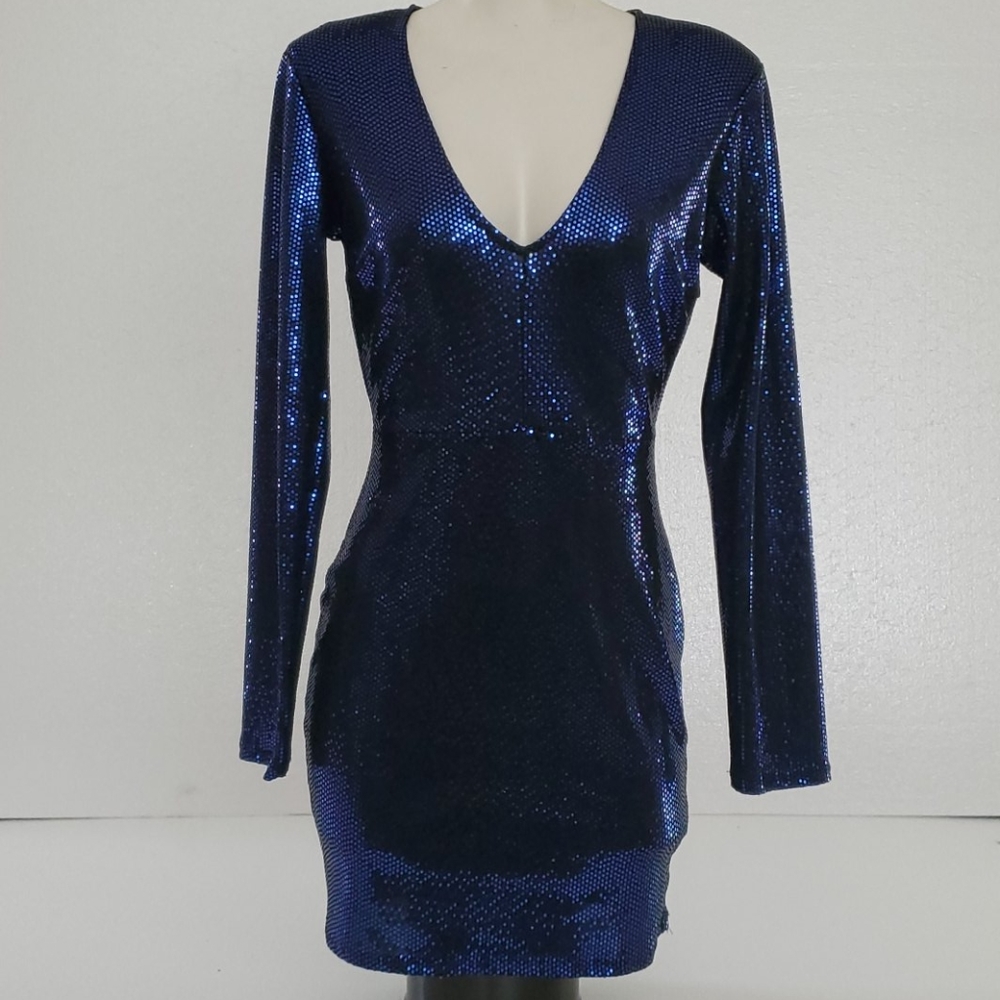 Mind Code Blue Metallic Mini Dress Long Sleeve - image 1